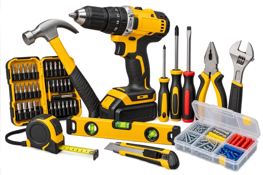 Home improvement tools including cordless drill, hammer, screwdrivers, pliers and hardware accessories