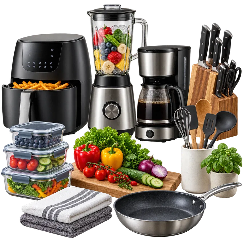 Home and kitchen essentials including air fryer, blender, cookware, storage containers and kitchen tools