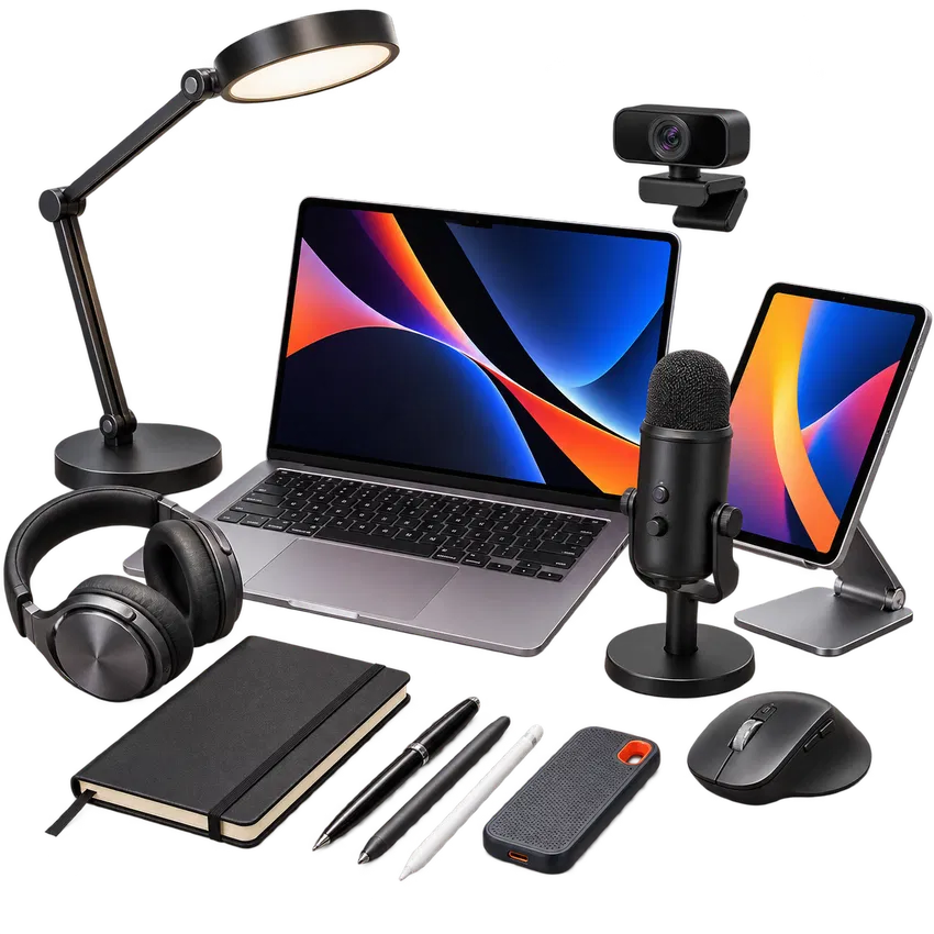 Office study and creator gear including laptop, headphones, microphone, webcam and desk accessories