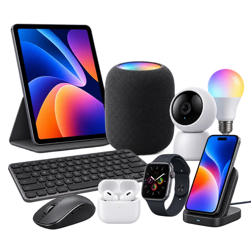 Tech accessories and smart home products including tablet, smartwatch, earbuds, smart speaker and security camera
