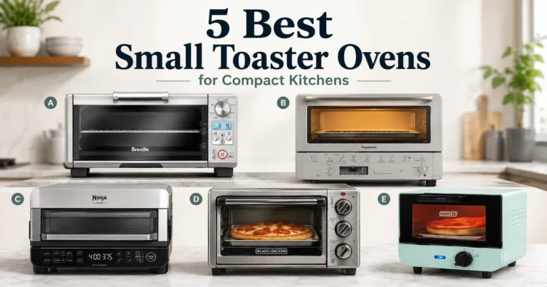 Comparison graphic showing five countertop ovens in a modern kitchen