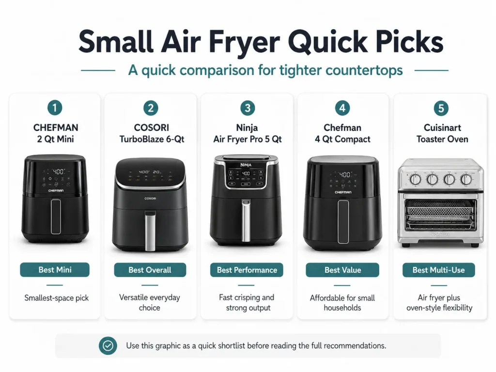 Top small air fryer picks including CHEFMAN, COSORI, Ninja, and Cuisinart models