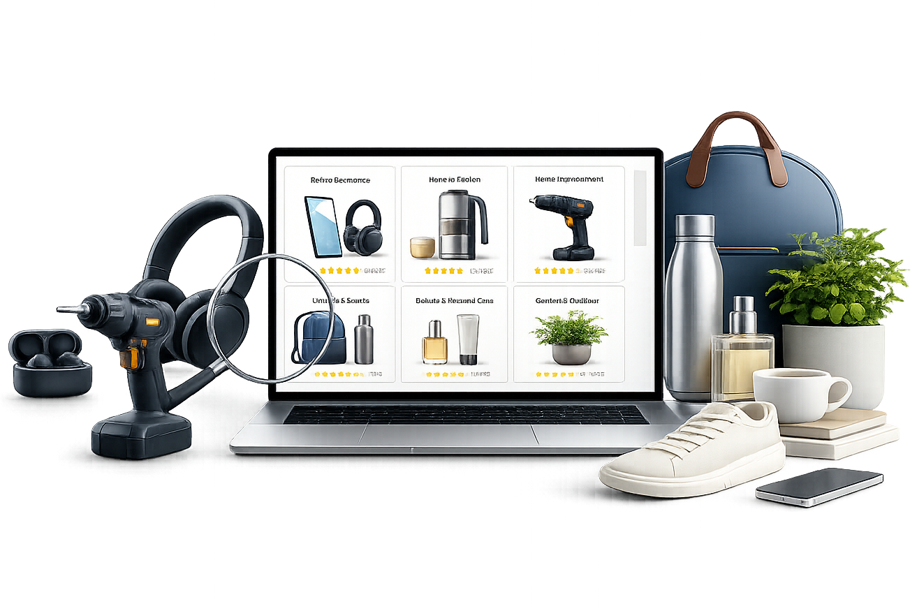 TopPickZone product research illustration showing tech, home and kitchen, tools, beauty, lifestyle, and garden products