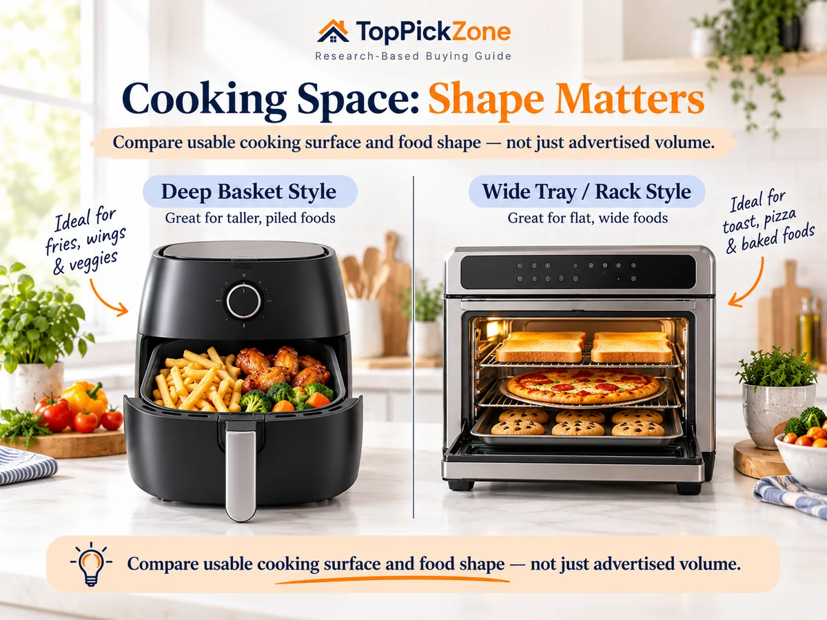 Deep basket and wide tray air fryer cooking space comparison
