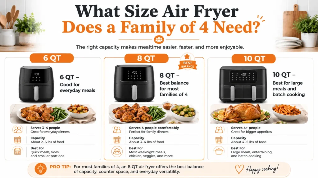 Air fryer size guide for family of 4 showing 6 qt 8 qt and 10 qt options