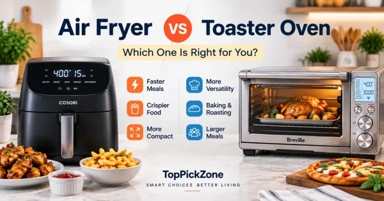 Air fryer vs toaster oven comparison showing two countertop kitchen appliances