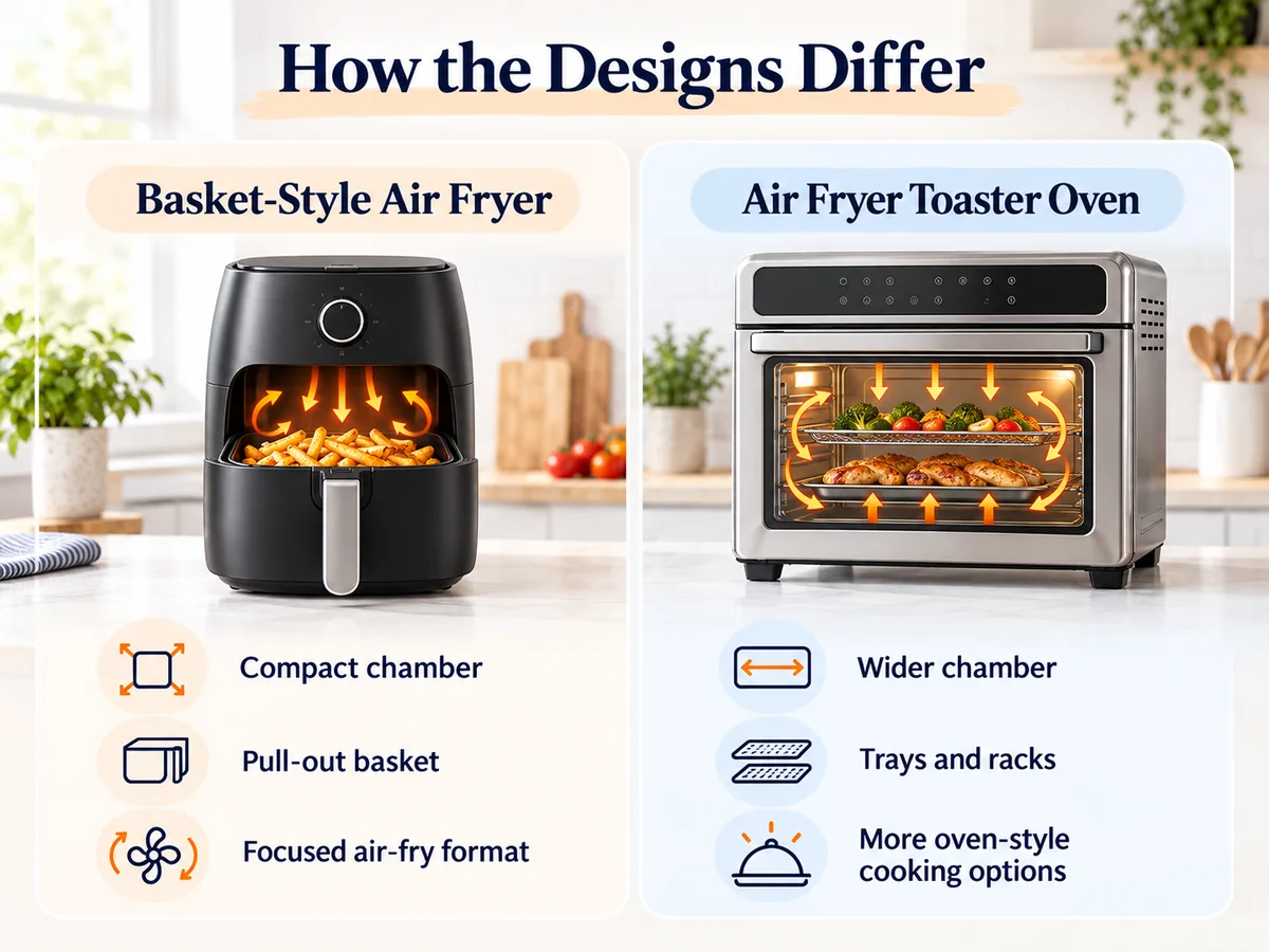 Basket-style air fryer and air fryer toaster oven design comparison