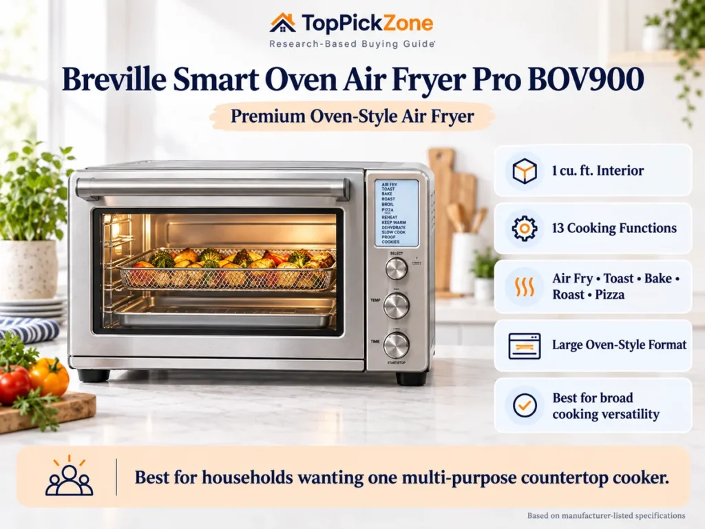 Breville Smart Oven Air Fryer Pro BOV900 research summary with oven capacity and cooking functions