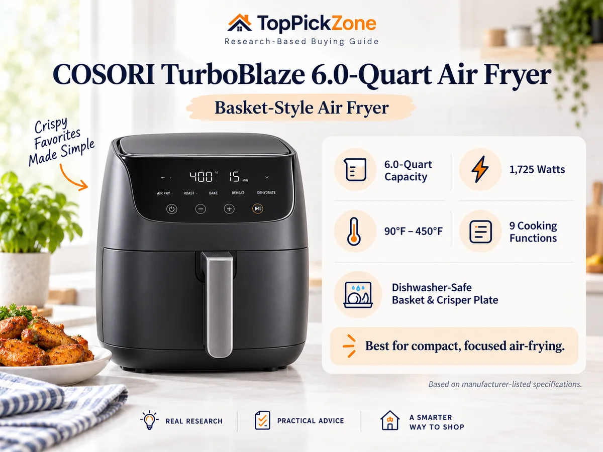 COSORI TurboBlaze 6-quart air fryer research summary with manufacturer-listed specifications