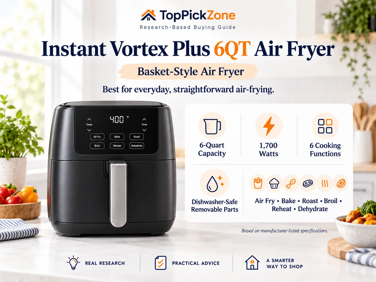 Instant Vortex Plus 6QT air fryer research summary with capacity and cooking functions