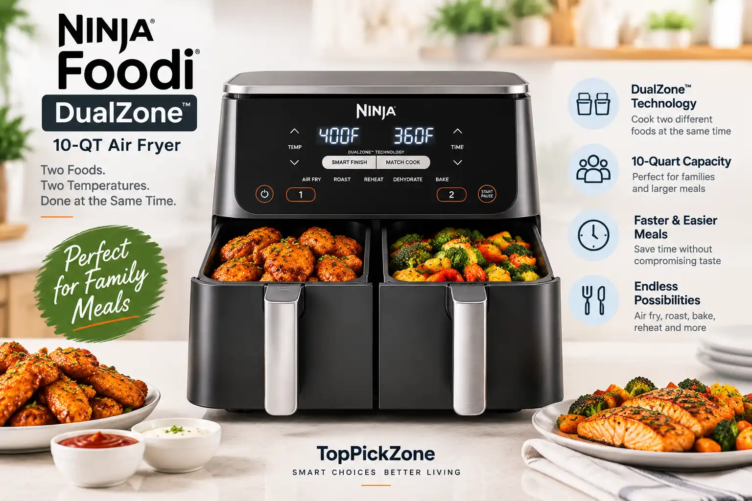 Ninja Foodi DualZone 10 quart air fryer with dual baskets for family cooking comparison