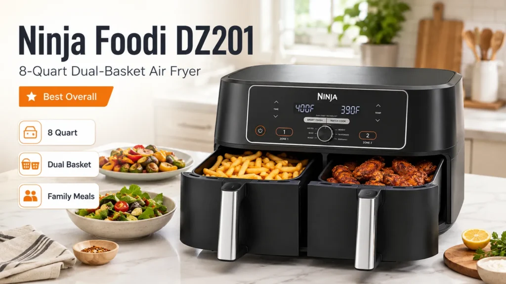 Ninja Foodi DZ201 8 quart dual basket air fryer for family of 4